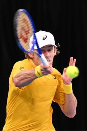 TENNIS DAVIS CUP AUSTRALIA BELGIUM, Alex de Minaur of Australia is action against Raphael Collignon of Belgium during the Davis Cup qualifying second round match at Ken Rosewall Arena in Sydney, Saturday, September 13, 2025. ( NO ARCHIVING, EDITORIAL USE ONLY SYDNEY NEW SOUTH WALES AUSTRALIA ALBION PARK  Copyright: xDEANxLEWINSx 20250913190338940909