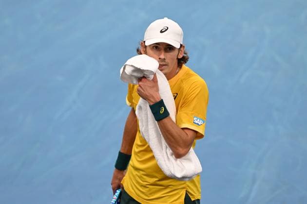 TENNIS DAVIS CUP AUSTRALIA BELGIUM, Alex de Minaur of Australia reacts during his match against Raphael Collignon of Belgium during the Davis Cup qualifying second round match at Ken Rosewall Arena in Sydney, Saturday, September 13, 2025. ( NO ARCHIVING, EDITORIAL USE ONLY SYDNEY NEW SOUTH WALES AUSTRALIA ALBION PARK  Copyright: xDEANxLEWINSx 20250913193742416912