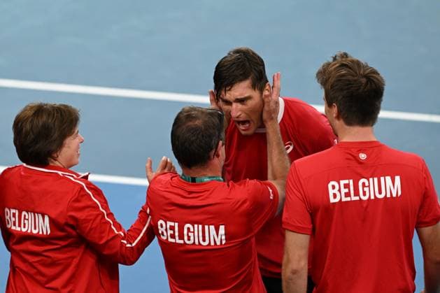 TENNIS DAVIS CUP AUSTRALIA BELGIUM, Raphael Collignon of Belgium celebrates his win over Alex de Minaur of Australia with his team during the Davis Cup qualifying second round match at Ken Rosewall Arena in Sydney, Saturday, September 13, 2025. ( NO ARCHIVING, EDITORIAL USE ONLY SYDNEY NEW SOUTH WALES AUSTRALIA ALBION PARK  Copyright: xDEANxLEWINSx 20250913137557112498