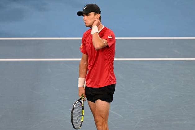 TENNIS DAVIS CUP AUSTRALIA BELGIUM, Raphael Collignon of Belgium celebrates his win over Alex de Minaur of Australia during the Davis Cup qualifying second round match at Ken Rosewall Arena in Sydney, Saturday, September 13, 2025. ( NO ARCHIVING, EDITORIAL USE ONLY SYDNEY NEW SOUTH WALES AUSTRALIA ALBION PARK  Copyright: xDEANxLEWINSx 20250913149691260202