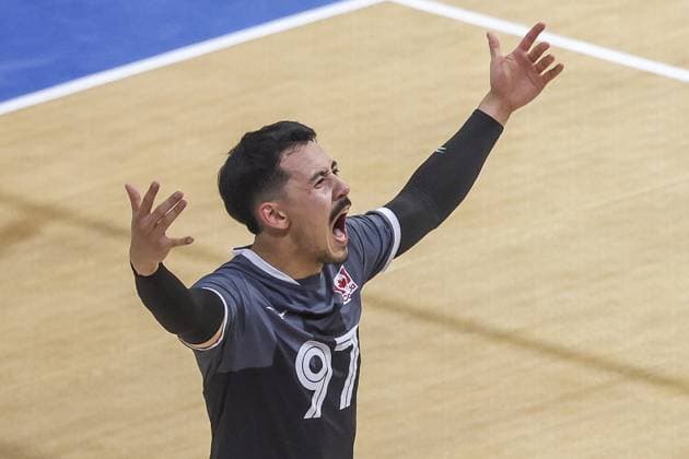 (250913) -- QUEZON CITY, Sept. 13, 2025 -- Landon Currie of Canada reacts after scoring a point during the pool G match between Canada and Libya at the 2025 FIVB Volleyball Men s World Championship, WM, Weltmeisterschaft in Quezon City, the Philippines, Sept. 13, 2025. ) (SP)THE PHILIPPINES-QUEZON CITY-VOLLEYBALL-FIVB MEN S WORLD CHAMPIONSHIP 2025-CAN VS LBA RouellexUmali 