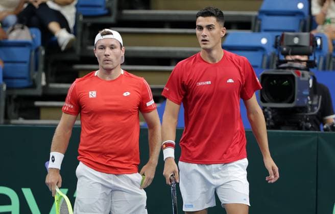 TENNIS - Davis Cup, HUN vs AUT DEBRECEN,HUNGARY,13.SEP.25 - TENNIS - ITF Davis Cup, qualification round 2, Hungary vs Austria. Image shows Lucas Miedler and Alexander Erler (AUT).  GEPAxpictures xWalterxLuger