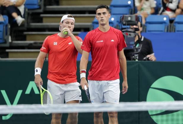 TENNIS - Davis Cup, HUN vs AUT DEBRECEN,HUNGARY,13.SEP.25 - TENNIS - ITF Davis Cup, qualification round 2, Hungary vs Austria. Image shows Lucas Miedler and Alexander Erler (AUT).  GEPAxpictures xWalterxLuger