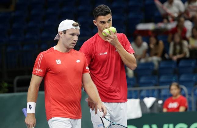 TENNIS - Davis Cup, HUN vs AUT DEBRECEN,HUNGARY,13.SEP.25 - TENNIS - ITF Davis Cup, qualification round 2, Hungary vs Austria. Image shows Lucas Miedler and Alexander Erler (AUT).  GEPAxpictures xWalterxLuger