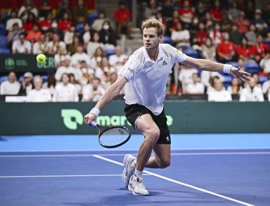 Tennis: Davis Cup Yannick Hanfmann of Germany plays against Shintaro Mochizuki of Japan in the second round of the Davis Cup team tennis qualifiers at Ariake Colosseum in Tokyo on Set. 12, 2025.  A14AA0004844721P