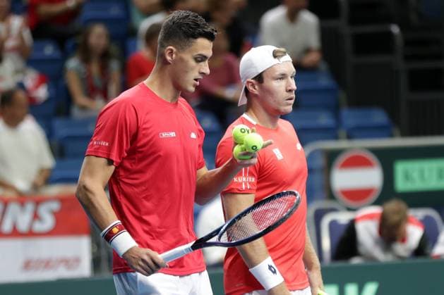 TENNIS - Davis Cup, HUN vs AUT DEBRECEN,HUNGARY,13.SEP.25 - TENNIS - ITF Davis Cup, qualification round 2, Hungary vs Austria. Image shows Alexander Erler and Lucas Miedler (AUT).  GEPAxpictures xWalterxLuger