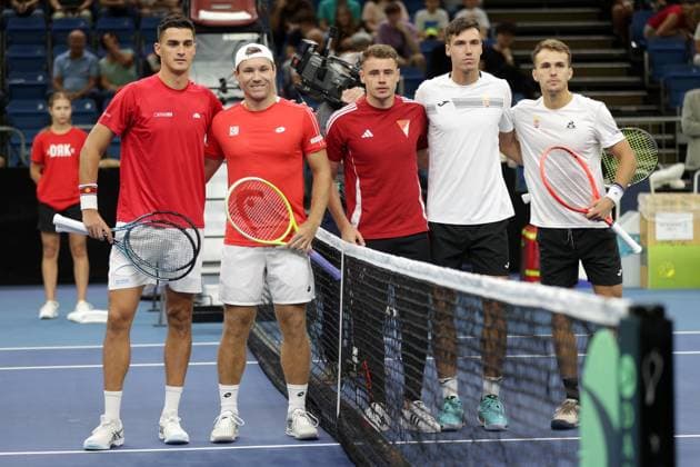 TENNIS - Davis Cup, HUN vs AUT DEBRECEN,HUNGARY,13.SEP.25 - TENNIS - ITF Davis Cup, qualification round 2, Hungary vs Austria. Image shows Alexander Erler, Lucas Miedler (AUT), Fabian Marozsan and Zsombor Piros (HUN).  GEPAxpictures xWalterxLuger
