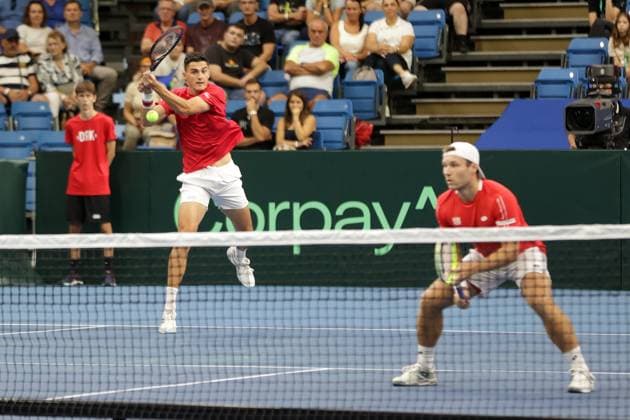 TENNIS - Davis Cup, HUN vs AUT DEBRECEN,HUNGARY,13.SEP.25 - TENNIS - ITF Davis Cup, qualification round 2, Hungary vs Austria. Image shows Alexander Erler and Lucas Miedler (AUT).  GEPAxpictures xWalterxLuger