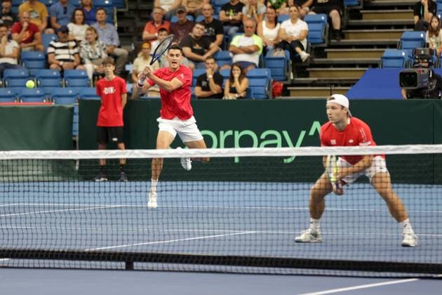 TENNIS - Davis Cup, HUN vs AUT DEBRECEN,HUNGARY,13.SEP.25 - TENNIS - ITF Davis Cup, qualification round 2, Hungary vs Austria. Image shows Alexander Erler and Lucas Miedler (AUT).  GEPAxpictures xWalterxLuger