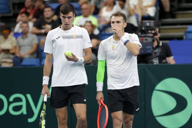 TENNIS - Davis Cup, HUN vs AUT DEBRECEN,HUNGARY,13.SEP.25 - TENNIS - ITF Davis Cup, qualification round 2, Hungary vs Austria. Image shows Fabian Marozsan and Zsombor Piros (HUN).  GEPAxpictures xWalterxLuger