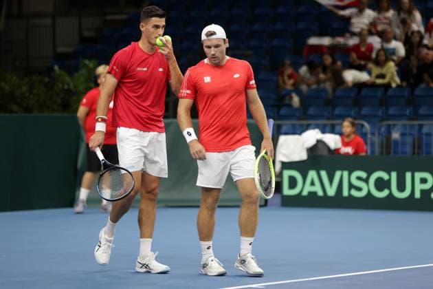 TENNIS - Davis Cup, HUN vs AUT DEBRECEN,HUNGARY,13.SEP.25 - TENNIS - ITF Davis Cup, qualification round 2, Hungary vs Austria. Image shows Alexander Erler and Lucas Miedler (AUT).  GEPAxpictures xWalterxLuger