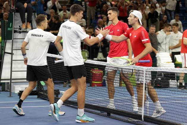 TENNIS - Davis Cup, HUN vs AUT DEBRECEN,HUNGARY,13.SEP.25 - TENNIS - ITF Davis Cup, qualification round 2, Hungary vs Austria. Image shows Zsombor Piros, Fabian Marozsan (HUN), Alexander Erler and Lucas Miedler (AUT).  GEPAxpictures xWalterxLuger
