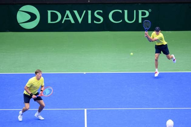 250913 AndrÃ Göransson and Erik Grevelius of Sweden during the Davis Cup tennis doubles match between Sweden and Tunisia on September 13, 2025 in Partille. Photo: Carl Sandin BILDBYRAN kod CS CS0769 tennis davis cup sweden sverige tunisien tunisia bbeng dubbelsverige sweden Copyright: CARLxSANDIN BB250913CS001