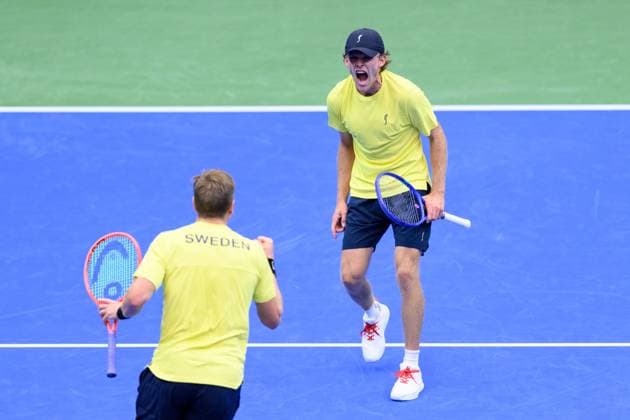 250913 Erik Grevelius of Sweden celebrates during the Davis Cup tennis doubles match between Sweden and Tunisia on September 13, 2025 in Partille. Photo: Carl Sandin BILDBYRAN kod CS CS0769 tennis davis cup sweden sverige tunisien tunisia bbeng dubbeljubel sverige sweden celebrates Copyright: CARLxSANDIN BB250913CS003