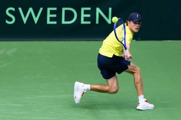 250913 Erik Grevelius of Sweden during the Davis Cup tennis doubles match between Sweden and Tunisia on September 13, 2025 in Partille. Photo: Carl Sandin BILDBYRAN kod CS CS0769 tennis davis cup sweden sverige tunisien tunisia bbeng dubbelsverige sweden Copyright: CARLxSANDIN BB250913CS006