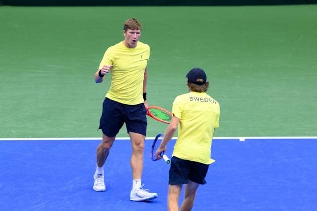 250913 AndrÃ Göransson of Sweden celebrates during the Davis Cup tennis doubles match between Sweden and Tunisia on September 13, 2025 in Partille. Photo: Carl Sandin BILDBYRAN kod CS CS0769 tennis davis cup sweden sverige tunisien tunisia bbeng dubbeljubel sverige sweden celebrates Copyright: CARLxSANDIN BB250913CS009
