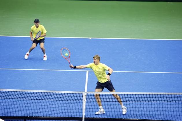 PARTILLE, SWEDEN 20250913 Sweden s AndrÃ Göransson and Erik Grevelius (in cap) in the doubles match against Tunisia s Aziz Ouakaa and Moez Echargui in the Davis Cup match between Sweden and Tunisia in Partille arena. PARTILLE SWEDEN x9200x
