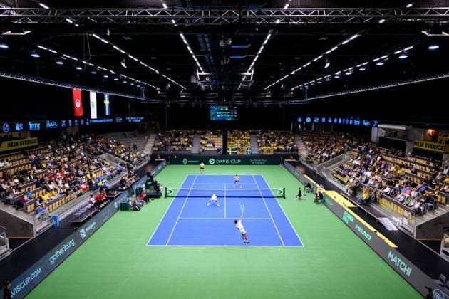 250913 Aziz Ouakaa of Tunisia and Erik Grevelius and AndrÃ Göransson of Sweden and Moez Echargui of Tunisia during the Davis Cup tennis doubles match between Sweden and Tunisia on September 13, 2025 in Partille. Photo: Carl Sandin BILDBYRAN kod CS CS0769 tennis davis cup sweden sverige tunisien tunisia bbeng dubbelsverige sweden Copyright: CARLxSANDIN BB250913CS011