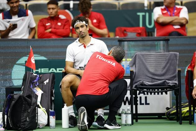 PARTILLE, SWEDEN 20250913 Tunisian Moez Echargui receives treatment in the Davis Cup match between Sweden and Tunisia in Partille arena. PARTILLE SWEDEN x9200x