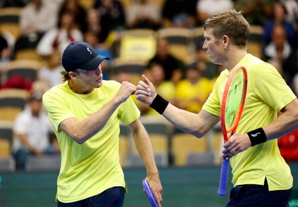 PARTILLE, SWEDEN 20250913 Sweden s AndrÃ Göransson and Erik Grevelius (in cap) in the doubles match against Tunisia s Aziz Ouakaa (in cap) and Moez Echargui in the Davis Cup match between Sweden and Tunisia in Partille arena. PARTILLE SWEDEN x9200x
