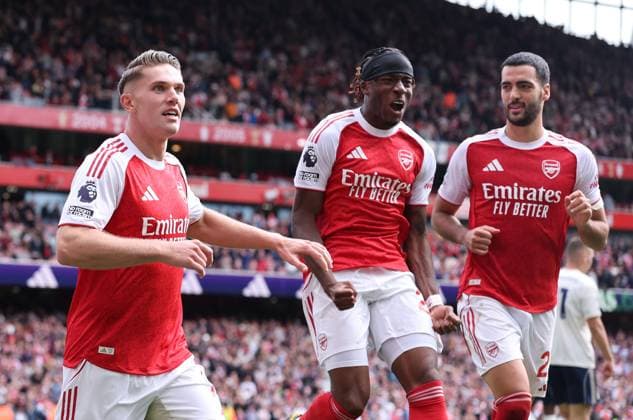 London, England, 13th September 2025. Viktor Gyokeres of Arsenal (l) celebrates the second goal during the Arsenal vs Nottingham Forest Premier League match at the Emirates Stadium, London. Picture credit should read: David Klein Sportimage EDITORIAL USE ONLY. No use with unauthorised audio, video, data, fixture lists, club league logos or live services. Online in-match use limited to 120 images, no video emulation. No use in betting, games or single club league player publications. SPI_055_DK_Arsenal_Forest SPI-4131-0053