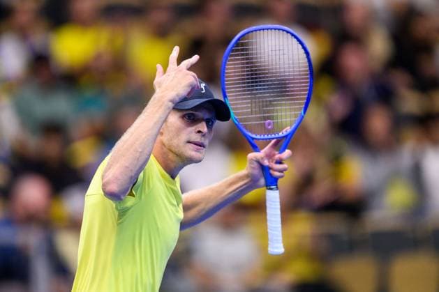 250913 Erik Grevelius of Sweden celebrates during the Davis Cup tennis doubles match between Sweden and Tunisia on September 13, 2025 in Partille. Photo: Carl Sandin BILDBYRAN kod CS CS0769 tennis davis cup sweden sverige tunisien tunisia bbeng dubbeljubel sverige sweden celebrates Copyright: CARLxSANDIN BB250913CS024
