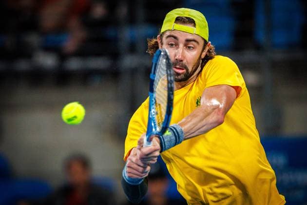 Australian Jordan Thompson pictured in action duringa a tennis match between Belgian Bergs and Australian Thompson, during the qualifier of the Davis Cup, Saturday 13 September 2025, in Sydney, Australia. Belgium and Australia will compete this weekend in the second round of the Davis Cup qualifiers. PATRICKxHAMILTON  x134102675x