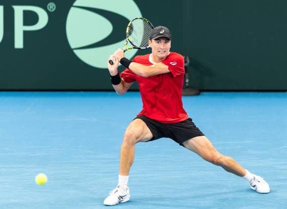 September 13, 2025, Sydney, Nsw, Australia: RAPHAEL COLLIGNON of Belgium plays a backhand against ALEX DE MINAUR of Australia in the Davis Cup tie between Australia and Belgium Sydney Australia - ZUMAt173 20250913_zsp_t173_004 Copyright: xStephanexThomasx