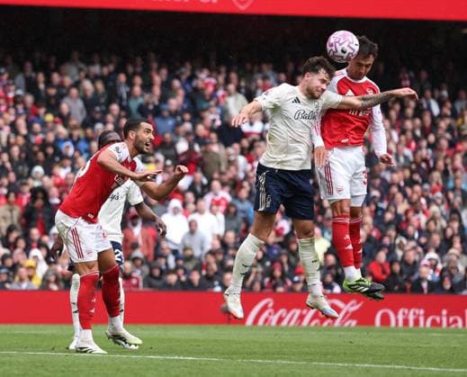 London, England, 13th September 2025. Martin Zubimendi of Arsenal heads the third goal during the Arsenal vs Nottingham Forest Premier League match at the Emirates Stadium, London. Picture credit should read: David Klein Sportimage EDITORIAL USE ONLY. No use with unauthorised audio, video, data, fixture lists, club league logos or live services. Online in-match use limited to 120 images, no video emulation. No use in betting, games or single club league player publications. SPI_067_DK_Arsenal_Forest SPI-4131-0064