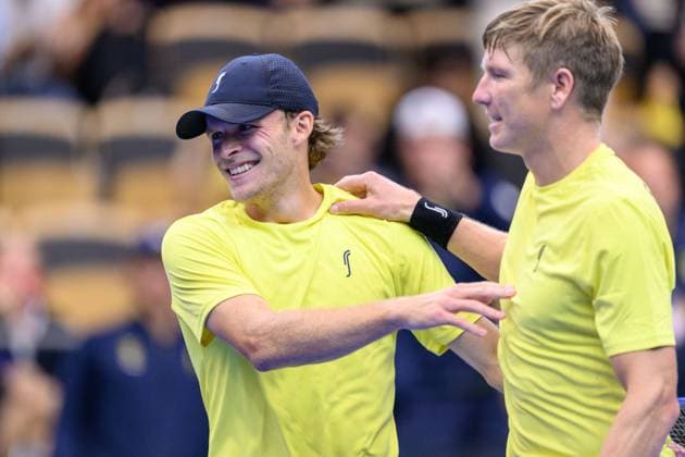 250913 Erik Grevelius and AndrÃ Göransson of Sweden celebrates after the Davis Cup tennis doubles match between Sweden and Tunisia on September 13, 2025 in Partille. Photo: Carl Sandin BILDBYRAN kod CS CS0769 tennis davis cup sweden sverige tunisien tunisia bbeng dubbeljubel sverige sweden celebrates Copyright: CARLxSANDIN BB250913CS033