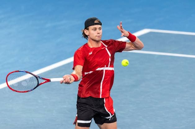 September 13, 2025, Sydney, Nsw, Australia: ZIZOU BERGS of Belgium plays a forehand against JORDAN THOMPSON of Australia in the Davis Cup tie between Australia and Belgium Sydney Australia - ZUMAt173 20250913_zsp_t173_017 Copyright: xStephanexThomasx