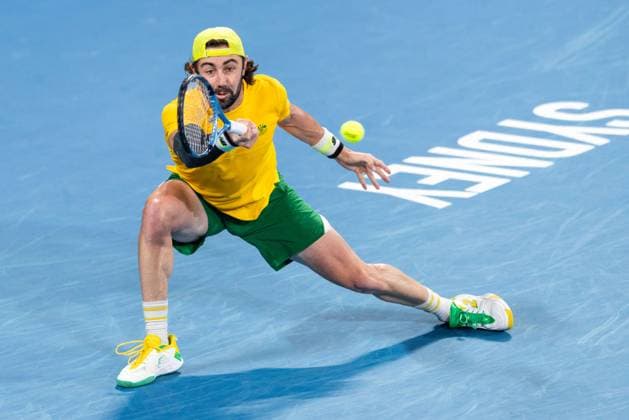 September 13, 2025, Sydney, Nsw, Australia: JORDAN THOMPSON of Australia plays a forehand against ZIZOU BERGS of Belgium in the Davis Cup tie between Australia and Belgium Sydney Australia - ZUMAt173 20250913_zsp_t173_023 Copyright: xStephanexThomasx