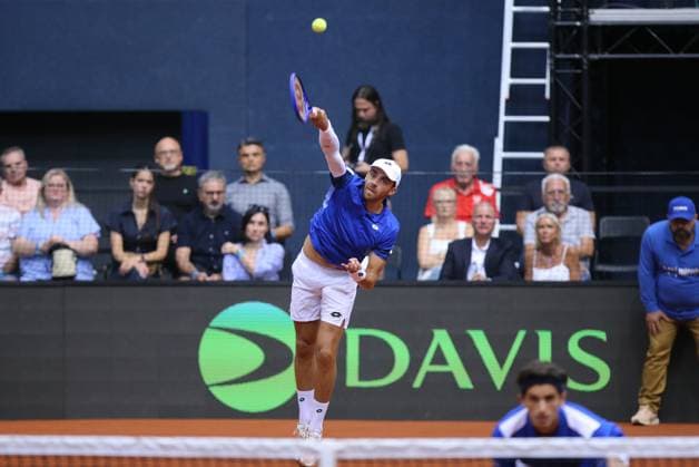 Croatia v France - 2025 Davis Cup Qualifiers Second Round: Day 2 OSIJEK, CROATIA - SEPTEMBER 13: Benjamin Bonzi of France serves a ball during the 2025 Davis Cup Qualifier second round match against Mate Pavic and Nikola Mektic of Croatia at Dvorana Gradski Vrt on September 13, 2025 in Osijek, Croatia.  DavidxJerkovic PIXSELL