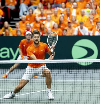 GRONINGEN - Sander Arends and Botic van de Zandschulp on the second day of the second qualifying round for the Davis Cup Finals between the Netherlands and Argentina at Martiniplaza. ANP SANDER KONING xVIxANPxSportx xxANPxIVx 536104623 originalFilename: 536104623.jpg