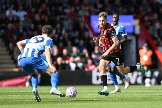 Bournemouth v Brighton and Hove Albion Premier League 13 09 2025. David Brooks (7) of AFC Bournemouth on the attack during the Premier League match between Bournemouth and Brighton and Hove Albion at the Vitality Stadium, Bournemouth, England on 13 September 2025. Bournemouth Vitality Stadium Dorset England Editorial use only DataCo restrictions apply See www.football-dataco.com , Copyright: xGrahamxHuntx PSI-22818-0028