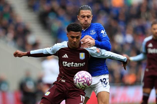 13th September 2025; Hill Dickinson Stadium, Liverpool, England; Premier League Football, Everton versus Aston Villa; Ollie Watkins of Aston Villa holds off a challenge from Jack Grealish of Everton  DavidxBlunsden