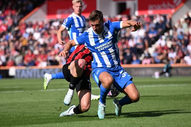 Bournemouth v Brighton and Hove Albion Premier League David Brooks of Bournemouth is tackled by Joel Veltman of Brighton in the penalty area but no foul is given during the Premier League match at the Vitality Stadium, Bournemouth UK Newspapers OUT Copyright: xJeremyxLandeyx FIL-22230-0025