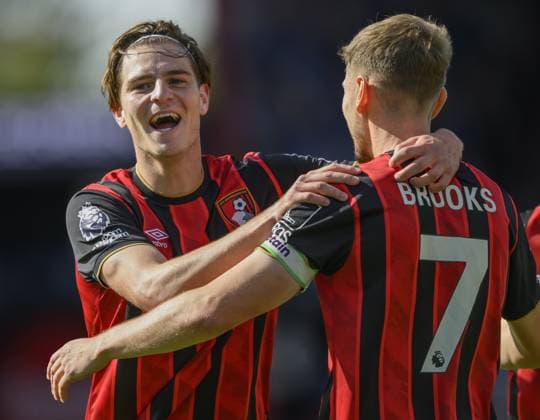 Bournemouth, England, September 13, 2025: Bournemouth s Alex Scott (left) celebrates scoring the opening goal with team-mate David Brooks during the Premier League match between Bournemouth and Brighton at the Vitality Stadium in Bournemouth, England. Copyright: xDavidxHorton SportsxPressxPhotox Sportspressphoto_SPR24705
