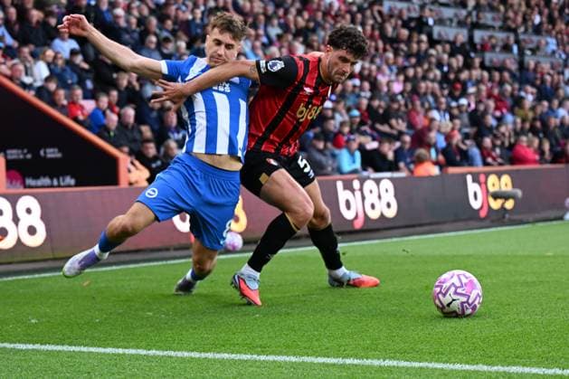 Bournemouth v Brighton and Hove Albion Premier League Brajan Gruda of Brighton tangles with Marcos Senesi of Bournemouth during the Premier League match at the Vitality Stadium, Bournemouth UK Newspapers OUT Copyright: xJeremyxLandeyx FIL-22230-0056