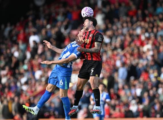 Bournemouth v Brighton and Hove Albion Premier League 13 09 2025. Marcos Senesi (5) of AFC Bournemouth battles for possession with Jan Paul van Hecke (6) of Brighton and Hove Albion during the Premier League match between Bournemouth and Brighton and Hove Albion at the Vitality Stadium, Bournemouth, England on 13 September 2025. Bournemouth Vitality Stadium Dorset England Editorial use only DataCo restrictions apply See www.football-dataco.com , Copyright: xGrahamxHuntx PSI-22818-0070