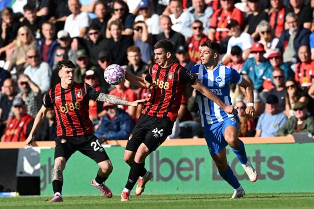 Bournemouth v Brighton and Hove Albion Premier League Veljko Milosavljevic of Bournemouth tangles with Stefanos Tzimas of Brighton during the Premier League match at the Vitality Stadium, Bournemouth UK Newspapers OUT Copyright: xJeremyxLandeyx FIL-22230-0076