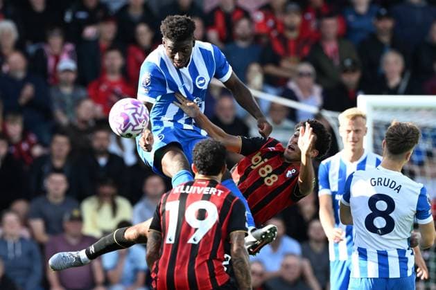 Bournemouth v Brighton and Hove Albion Premier League Yankuba Minteh of Brighton wins a header during the Premier League match at the Vitality Stadium, Bournemouth UK Newspapers OUT Copyright: xJeremyxLandeyx FIL-22230-0078