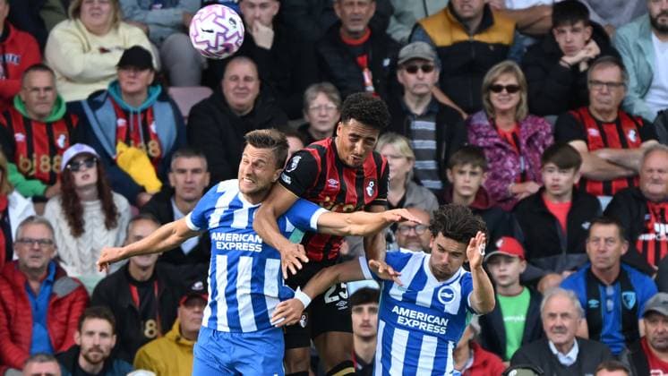 Bournemouth v Brighton and Hove Albion Premier League James Hill of Bournemouth wins a header against Joel Veltman of Brighton during the Premier League match at the Vitality Stadium, Bournemouth UK Newspapers OUT Copyright: xJeremyxLandeyx FIL-22230-0085