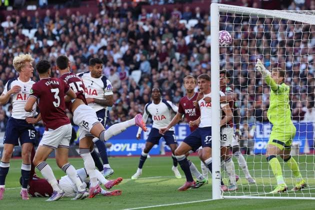 London, England, 13th September 2025. Cristian Romero of Tottenham Hotspur scores but his goal is a disallowed for a foul during the West Ham United vs Tottenham Hotspur Premier League match at the London Stadium, London. Picture credit should read: Paul Terry Sportimage EDITORIAL USE ONLY. No use with unauthorised audio, video, data, fixture lists, club league logos or live services. Online in-match use limited to 120 images, no video emulation. No use in betting, games or single club league player publications. SPI_009_PT_West_Ham_Tottenham SPI-4133-0009