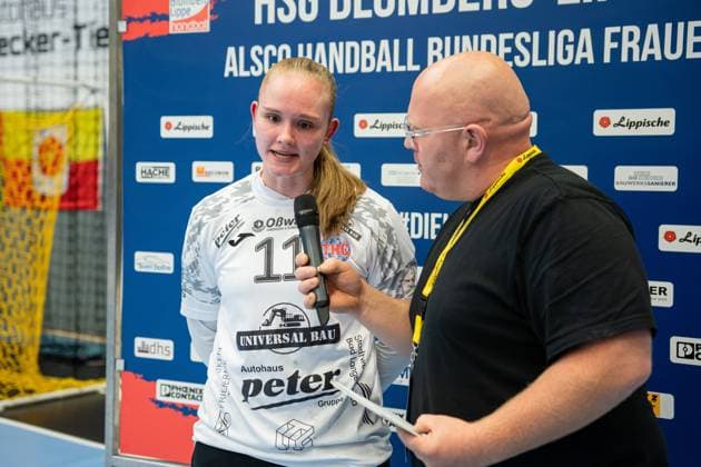 HSG Blomberg-Lippe (GER) vs. Thueringer HC (GER), Handball, 1. Handball Bundesliga Frauen, 3. Spieltag, 13.09.2025, Saision 2025 2026, Blomberg Laura Kuske (Thueringer HC, 11) beim Interview Blomberg Sporthalle an der Ulmenallee Deutschland
