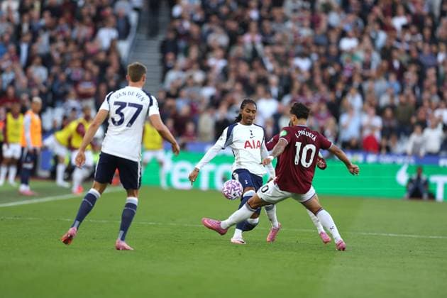 13th September 2025; London Stadium, London, England; Premier League Football, West Ham United versus Tottenham Hotspur; Djed Spence of Tottenham Hotspur challenged by Lucas Paqueta of West Ham United  JohnxPatrickxFletcher