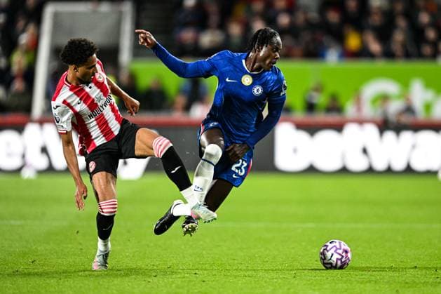 13th September 2025; Gtech Community Stadium, Brentford, London, England; Premier League Football, Brentford versus Chelsea; Trevoh Chalobah of Chelsea is fouled by Kevin Schade of Brentford  GodfreyxPitt