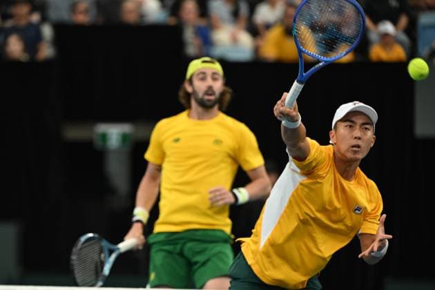 TENNIS DAVIS CUP AUSTRALIA BELGIUM, Rinky Hijikata and Jordan Thompson of Australia in action against Sander Gille and Joran Vliegen of Belgium during the Davis Cup qualifying second round match at Ken Rosewall Arena in Sydney, Sunday, September 14, 2025. ( NO ARCHIVING, EDITORIAL USE ONLY SYDNEY NEW SOUTH WALES AUSTRALIA ALBION PARK  Copyright: xDEANxLEWINSx 20250914187082339651