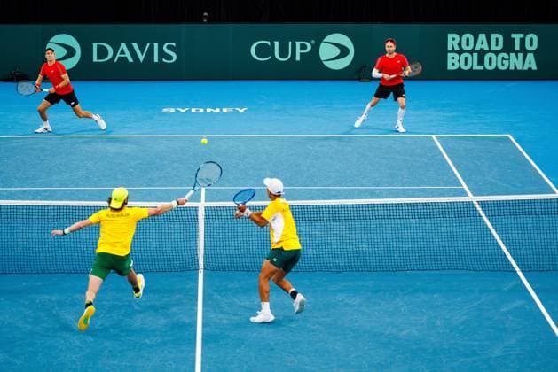 Belgian Joran Vliegen and Belgian Sander Gille pictured in action duringa a tennis match between Belgian Vliegen Gille and Australian Hijikata Thompson, during the qualifier of the Davis Cup, Sunday 14 September 2025, in Sydney, Australia. Belgium and Australia will compete this weekend in the second round of the Davis Cup qualifiers. PATRICKxHAMILTON  x134194000x