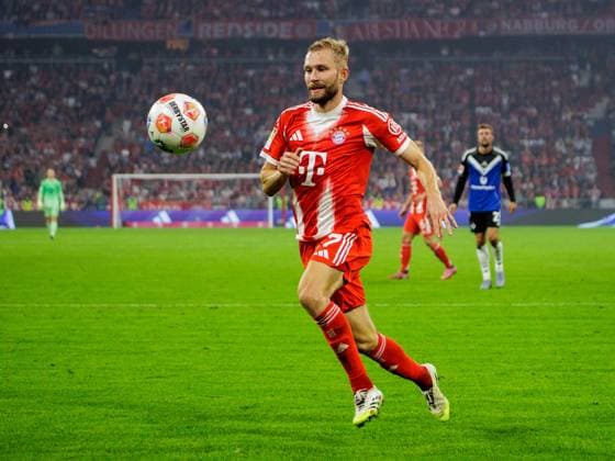 Bayerns 27 Konrad LAIMER. Fussball, Bayern - Hamburg 5:0. 1.Fußball Bundesliga, FC Bayern München - HSV Hamburg, 3.Spieltag, Saison 2025-2026, am 13.09.2025 in Muenchen, A L L I A N Z A R E N A, Deutschland. Quelle Copyright Credit : Oryk HAIST